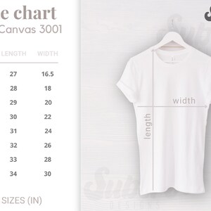 K&ouml;nnte beinhalten: Gr&ouml;&szlig;entabelle f&uuml;r Bella Canvas 3001 T-Shirts, mit Ma&szlig;en in Zoll f&uuml;r die Gr&ouml;&szlig;en XS bis 4XL. Die Tabelle enth&auml;lt L&auml;ngen- und Breitenma&szlig;e.