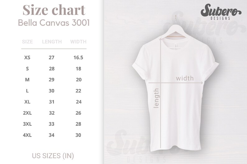 K&ouml;nnte beinhalten: Gr&ouml;&szlig;entabelle f&uuml;r Bella Canvas 3001 T-Shirts, mit Ma&szlig;en in Zoll f&uuml;r die Gr&ouml;&szlig;en XS bis 4XL. Die Tabelle enth&auml;lt L&auml;ngen- und Breitenma&szlig;e.