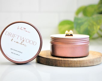 Driftwood & Amber Soy Wax Candle | Rose Gold Travel Tin, Wooden Wick