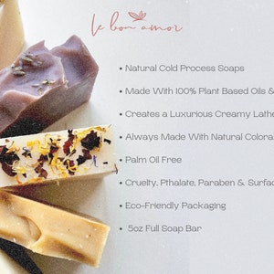 May include: Four bars of handmade soap with different colors and textures. The soap bars are made with natural ingredients and are palm oil free. The text on the image reads "le bon amor" and lists the ingredients and features of the soap.