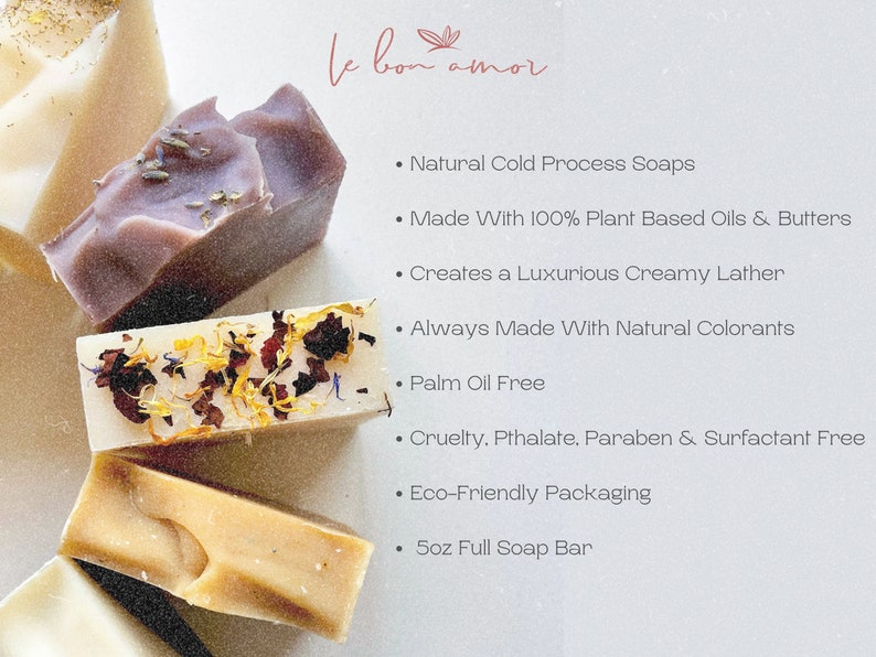 May include: Four bars of handmade soap with different colors and textures. The soap bars are made with natural ingredients and are palm oil free. The text on the image reads "le bon amor" and lists the ingredients and features of the soap.