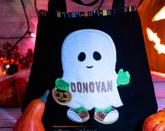 Personalized Ghost Halloween Candy Bucket, Custom Trick-or-Treat Tote Bag, Boy Halloween Basket