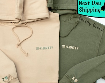 Custom Embroidered Hoodie with Roman Numerals date and initials on the sleeve, anniversary gift for him, couple hoodies, gift for parents