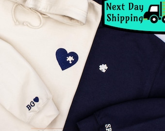 Embroidered Heart and Puzzle Piece Sweatshirt with Initials on Sleeve Anniversary Gift Custom Couple Hoodie Valentines Day Anniversary Gift