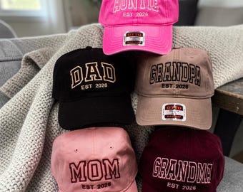 Gorro de papá bordado personalizado, regalo para el abuelo, regalo para la abuela primeriza, gorro para la tía, gorros familiares a juego, anuncio de embarazo "Bebé en camino"
