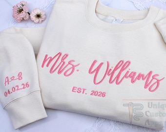 Embroidered Mrs Sweatshirt, Personalized Engagement Bridal Shower Wedding Gift Bachelorette Party Bride Hoodie Newlywed Gift for Bride To Be