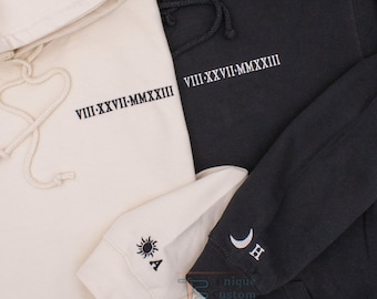 Sun and Moon Sweatshirt Anniversary Date Couples Hoodies Roman Numerals Hoodie Valentines Day Gift for Boyfriend matching couples hoodies