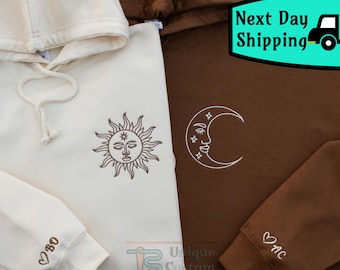 Embroidered Sun and Moon Couples Hoodies, Couples Matching Sweatshirt, Sun and Moon Couples Gifts Boho Sun and Moon Anniversary Gift for Him
