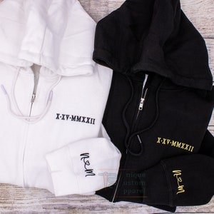 Personalized Embroidered Anniversary Date Couples Sweatshirt, Roman Numerals ZIp Hoodie, Gifts for Her for Him Zip Up Hoodie Sleeve Initials