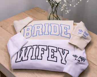 Embroidered Bride Sweatshirt, Personalized Mrs. Last Name EST Year Hoodie, Custom Wifey Hoodie, Engagement Wedding Gift for Couple