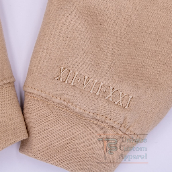 Subtle Anniversary Date on Sleeve Couples Sweatshirt Minimalistic Hoodie Wedding Date, Embroidered Roman Numerals Monochromatic Sweater