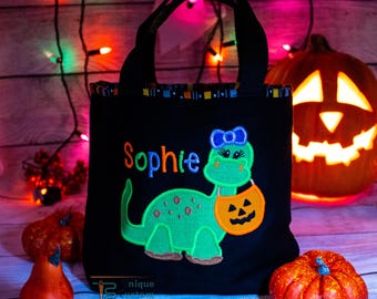 Dinosaur Personalized Halloween Bag, Girl Halloween Bucket, Embroidered Trick or Treat Bag Candy Bag Candy Bucket Trick-or-Treat Custom Tote
