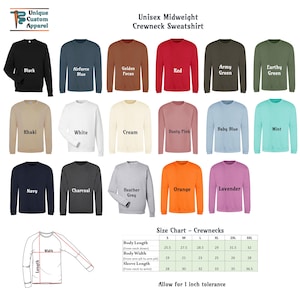 A grid of 18 solid-colored crewneck sweatshirts in various colors, with a size chart for crewneck sweatshirts below.