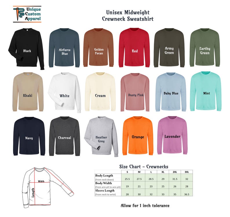 A grid of 18 solid-colored crewneck sweatshirts in various colors, with a size chart for crewneck sweatshirts below.