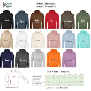 A grid of 18 solid-colored hooded sweatshirts in various colors, with a size chart for hoodies below.