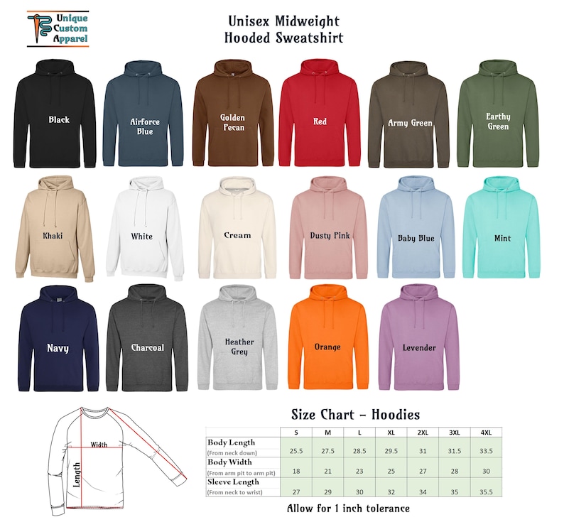 A grid of 18 solid-colored hooded sweatshirts in various colors, with a size chart for hoodies below.