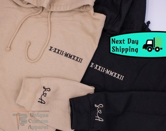 Roman Numerals Hoodie Couples Matching Custom Embroidered Sweatshirts Anniversary Date Initial Sleeve Hoodie Valentines Day Gift for Him
