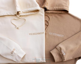 Anniversary Hoodie with Initials on Sleeve, Roman Numeral Hoodie, Wedding Date Embroidered Sweatshirts, Valentines Anniversary Gift For Him