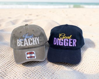 Custom Embroidered Hat, Personalized Baseball Cap, Vintage Style Hat, Just Beachy / Goal Digger Custom Text Hat