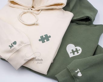 Sudaderas a juego para parejas, sudaderas con bordado de piezas de rompecabezas en forma de corazón, regalo de aniversario para él.