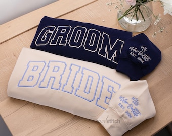 Custom Embroidered Bride and Groom Sweatshirts, Personalized Wedding Hoodie Engagement Bridal Shower Gift, Wifey and Hubby Matching Sweaters