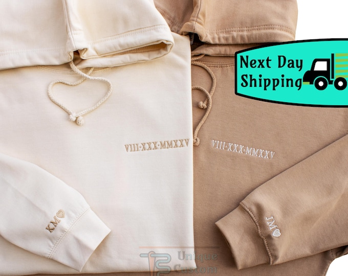 Anniversary Hoodie with Initials on Sleeve, Roman Numeral Hoodie, Wedding Date Embroidered Sweatshirts, Valentines Anniversary Gift For Him