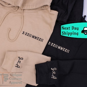 Roman Numeral Hoodie Couples Sweatshirt Embroidered Anniversary Sweatshirt Initial on Sleeve Hoodie Wedding Valentines Day Gift for Him