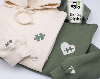 Matching Couples Hoodies, Embroidered Heart Puzzle Piece Sweatshirts, Anniversary Gift for him