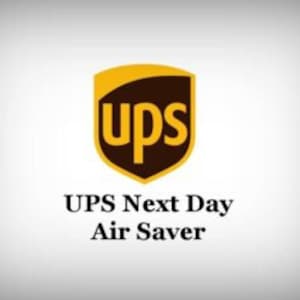 May include: The UPS logo, a shield in brown and gold, with the word "ups" in gold. Below the logo, the text reads "UPS Next Day Air Saver". The background is a gradient of white to light gray.