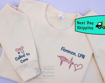 Embroidered Heartbeat Nurse Sweatshirt Personalized Nurse Jacket Graduation Gifts for Nurses RN LPN Medical Apparel Labor and Delivery Shirt