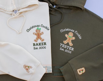 Embroidered Christmas Couples Hoodies, Holiday Family Sweatshirts, Christmas Cookie Tester Baker Sweaters, 1st Christmas Gift for Couples