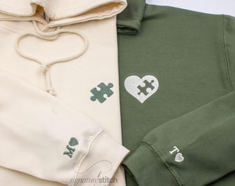 Sudadera con capucha a juego para parejas con corazón bordado y pieza de rompecabezas, regalo de San Valentín o aniversario para él, regalos para marido.