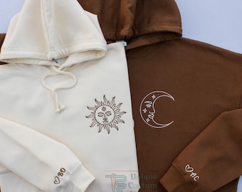 Sudaderas con capucha bordadas de sol y luna para parejas, sudaderas a juego para parejas, regalos de sol y luna para parejas, regalo de aniversario de sol y luna estilo boho para él.