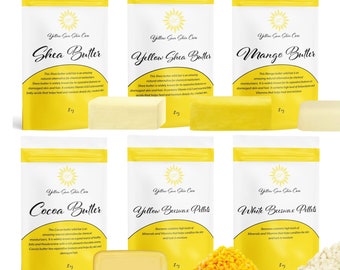 Shea Butter, Yellow Shea Butter, Mango Butter, Cocoa Butter, White & Yellow Beeswax set – Each Butter is 8 oz, Organic and Raw - 3 lb total