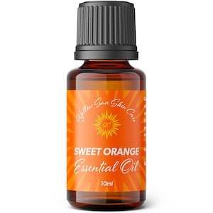 May include: A 10 ml amber glass bottle of Sweet Orange Essential Oil with a black cap. The label is orange with a sun graphic and the text "Yellow Sun Skin Care".