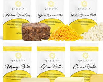 May include: Six different natural beauty products in individual packaging. The products are African Black Soap, Yellow Beeswax Pellets, White Beeswax Pellets, Mango Butter, Shea Butter, and Cocoa Butter. Each product is labelled with the name and weight of the product.