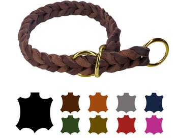 Dog collar fat leather ZugStopp BRASS for small dogs / large dogs hand-braided Made IN Germany