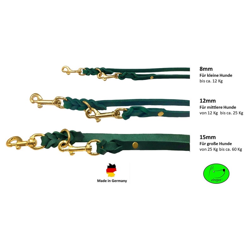 Dog leash grease leather brass small dogs / large dogs 2 m / 2.40 m / 2.80 m / 3.50 m / 5 m double leash adjustable Tannengrün