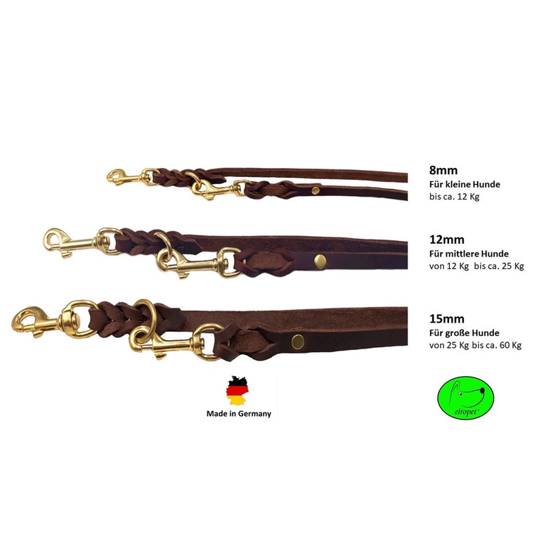 Dog leash grease leather brass small dogs / large dogs 2 m / 2.40 m / 2.80 m / 3.50 m / 5 m double leash adjustable Braun