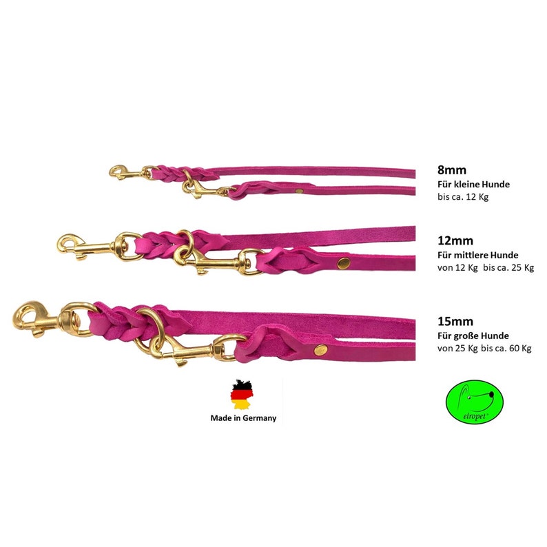 Dog leash grease leather brass small dogs / large dogs 2 m / 2.40 m / 2.80 m / 3.50 m / 5 m double leash adjustable Pink