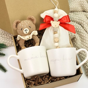 New Parent Gift Box: Mama & Papa Bear Mugs, Crochet Rattle