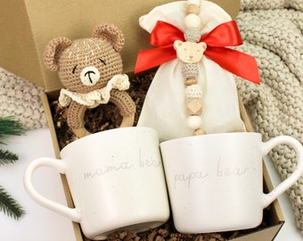 New Parent Gift Box: Mama & Papa Bear Mugs, Crochet Rattle