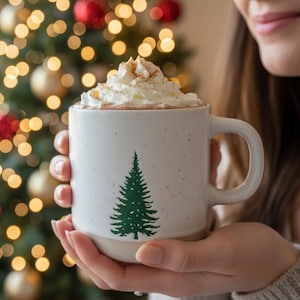 松の木の陶器製コーヒーマグ、北欧風クリスマスデザイン、シークレットサンタギフト