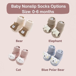 Peut inclure: Quatre paires de chaussettes antid&eacute;rapantes pour b&eacute;b&eacute; avec diff&eacute;rents motifs d'animaux&nbsp;: ours, &eacute;l&eacute;phant, chat et ours polaire bleu. Les chaussettes sont pour les b&eacute;b&eacute;s &acirc;g&eacute;s de 0 &agrave; 6&nbsp;mois.