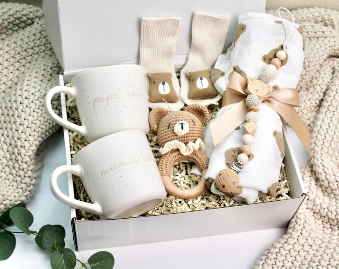 New Parents Gift, Mama Bear Papa Bear Ceramic Mugs, Gender Neutral Postpartum Basket
