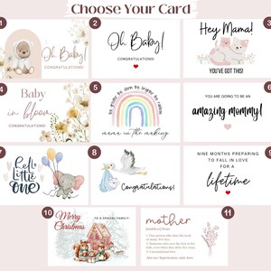 May include: A set of 11 printable cards with different designs for a baby shower or new baby announcement. The cards feature illustrations of animals, rainbows, and other cute designs. The text on the cards includes phrases like "Oh Baby!" and "You've Got This!"