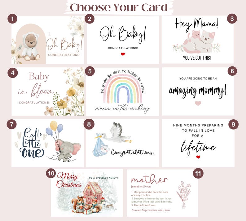 May include: A set of 11 printable cards with different designs for a baby shower or new baby announcement. The cards feature illustrations of animals, rainbows, and other cute designs. The text on the cards includes phrases like "Oh Baby!" and "You've Got This!"