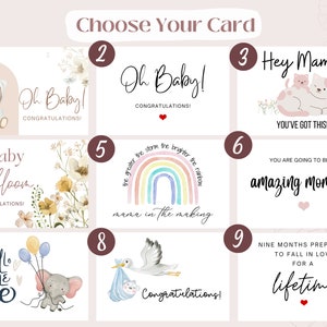 May include: Nine different card designs for a new baby. The cards feature illustrations of a bear, flowers, a rainbow, a cat, a stork, an elephant, and text that says "Oh Baby!", "Baby in Bloom", "Hey Mama!", "You've Got This!", "You Are Going to Be an Amazing Mommy!" and "Nine Months Preparing to Fall in Love for a Lifetime".