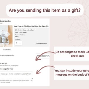 Peut inclure: Une maquette d'une liste de produits Etsy pour un coffret cadeau pour nouveaux parents. Le coffret comprend deux tasses et un body. Les tasses sont blanches avec du texte noir qui dit "Dadd" et "Mom". Le body est blanc avec du texte noir qui dit "Baby Ookbart". La liste comprend une case &agrave; cocher pour marquer la commande comme un cadeau et une option pour ajouter un message personnalis&eacute;.