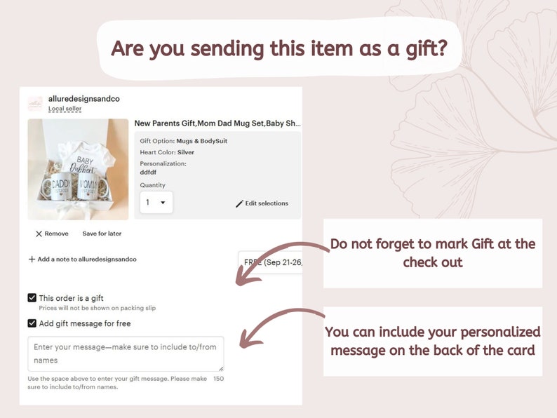 Peut inclure: Une maquette d'une liste de produits Etsy pour un coffret cadeau pour nouveaux parents. Le coffret comprend deux tasses et un body. Les tasses sont blanches avec du texte noir qui dit "Dadd" et "Mom". Le body est blanc avec du texte noir qui dit "Baby Ookbart". La liste comprend une case &agrave; cocher pour marquer la commande comme un cadeau et une option pour ajouter un message personnalis&eacute;.